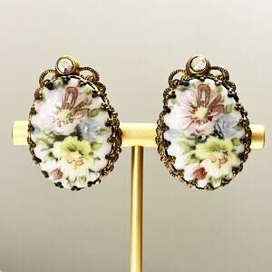 West Germany Vintage Porcelain Floral Hand Painted Clip Earrings AB
